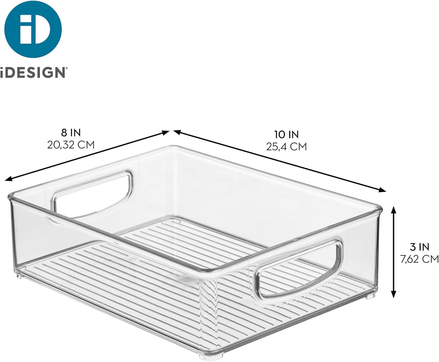 iDesign Plastic Stackable Pantry Bin, Set of 4, Clear | Organizer Bin with Handles, For Cabinets or Fridge