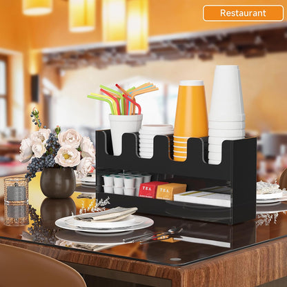 Beego 2-Compartment Cup Holder for Countertop - 2-Tier Clear Acrylic Cup Dispenser Coffee Station Paper Cup and Lid Organizer Condiment Storage for Restaurant Breakroom Kitchen Bar Accessories
