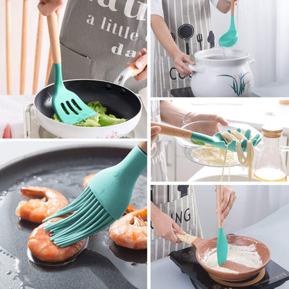 MIBOTE 17 Pcs Silicone Cooking Kitchen Utensils Set with Holder, Wooden Handles Silicone Turner Tongs Spatula Spoon Kitchen Gadgets Utensil Set for Nonstick Cookware (Grey)