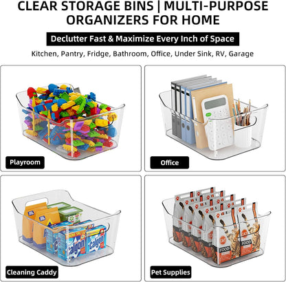 12 Pack Clear Plastic Storage Bins, Pantry Organizers and Storage, Multi-Use Clear Pantry Organizer Bins Storage Containers with Handles for Kitchen, Bathroom, Freezer, Cabinet, Office