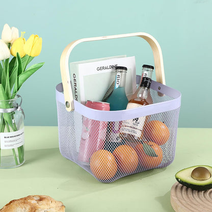 AJIODA Metal Mesh Steel Basket, Storage Organizer Basket Multi-functional Hanging Kitchen Baskets Fruit Basket Bin with Bamboo Handle for Kitchen Bathroom Picnic Shopping Decor Cabinet Home, Blue