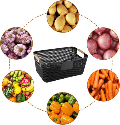 Onion and Potato Storage Baskets,A set of 2 Wooden Handle storage Basket Stackable Plastic Pantry Bins, Multifunctional Organizers for Kitchen, Countertop, and More Vegetable Storage Box (Black-2pack)