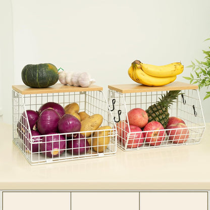 Mefirt Fruit Basket, 2-Tier Fruit Bowl for Kitchen Counter, Stackable Wall Mounted Fruit Storage, Snack Organizer, Potato and Onion Storage Basket, Hanging Pantry Storage with Wood Lid, 2 Set, White