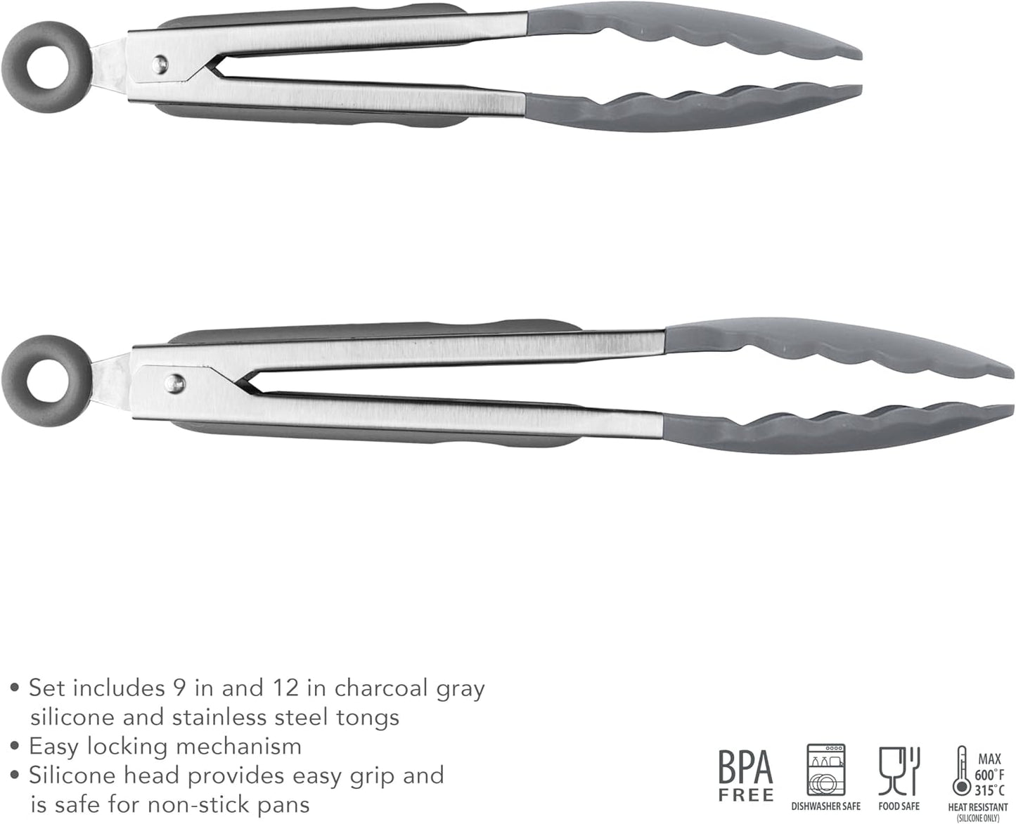 Tovolo Stainless Steel Tongs with Silicone Tips Set of 3 Mini 7” 9” 12 Inch with Easy Lock Mechanism for Cooking Grilling Air Fryer Serving, Red Black Charcoal Gray Heat Resistant Kitchen Tongs