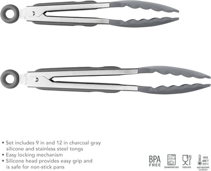 Tovolo Stainless Steel Tongs with Silicone Tips Set of 3 Mini 7” 9” 12 Inch with Easy Lock Mechanism for Cooking Grilling Air Fryer Serving, Red Black Charcoal Gray Heat Resistant Kitchen Tongs