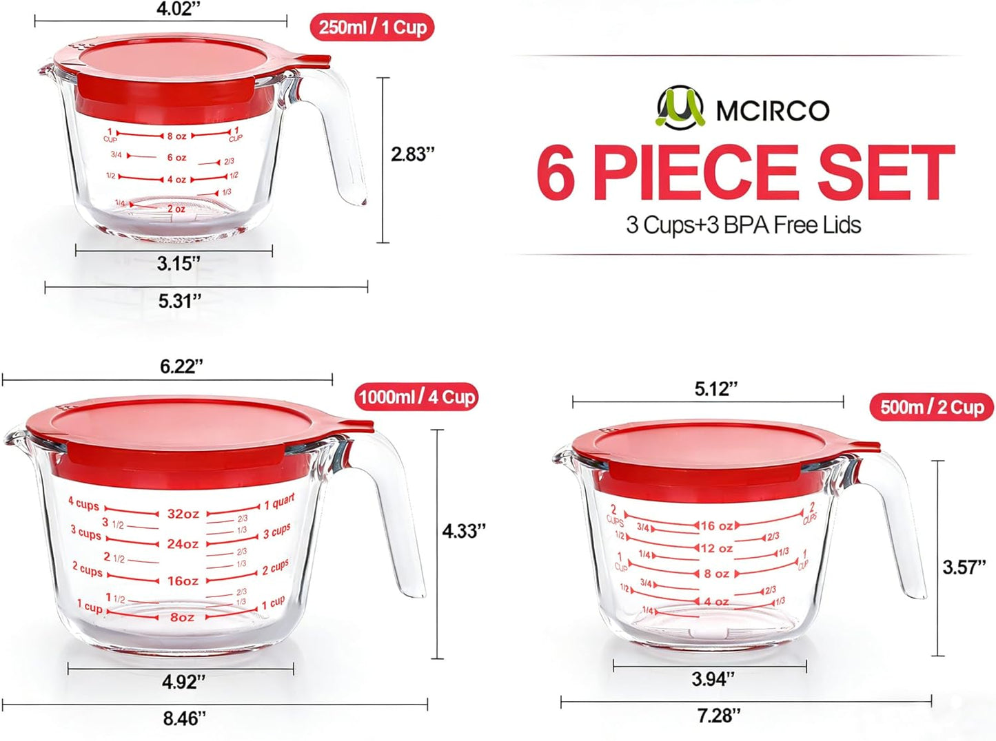 M MCIRCO 6 Pcs Glass Measuring Cups with Lids Set, 1-Cup, 2-Cup, 4-Cup Measuring Jugs with Handle, Nesting Liquid Measuring Cups for Kitchen