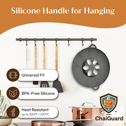 Chai, Tea & Milk Boil Over Spill Stopper Silicone Lid – Pots & Saucepans Universal Fit | Food-Safe, BPA-Free, Dishwasher Safe, withstand up to 520°F Temp