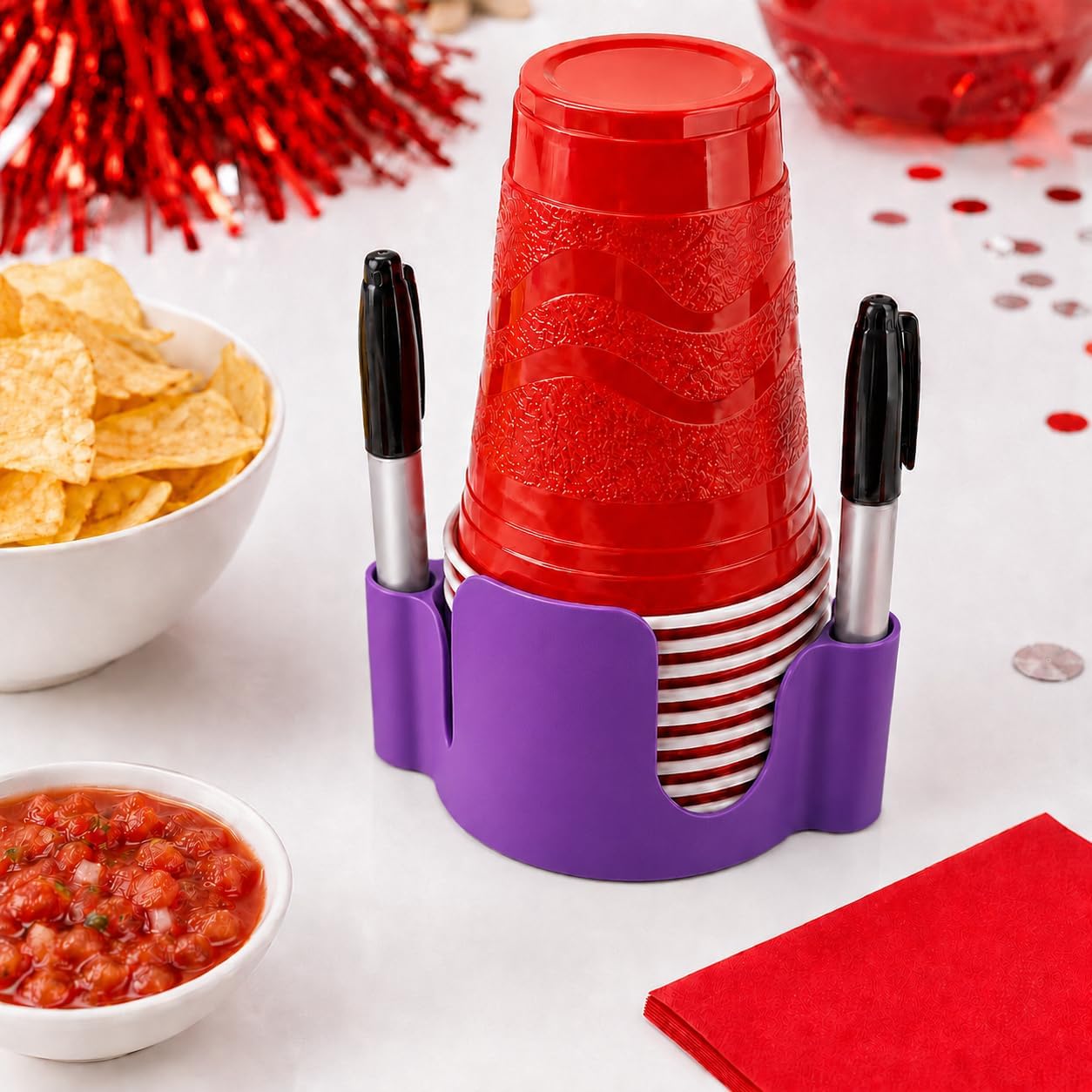 Party Cup Dispenser with Marker Holder – Stackable Plastic Cup Organizer for Parties, Events, BBQs, Picnics, Graduations & Drink Stations, Cup and Marker Caddy, Black (Red)