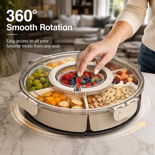 Rotating Snackle Box Container with Clear Snap-On Lid, 11" Divided Serving Tray with 6 Removable Compartments for Charcuterie, Veggie Platter & Taco Bar - 360° Lazy Susan Snack Spinner