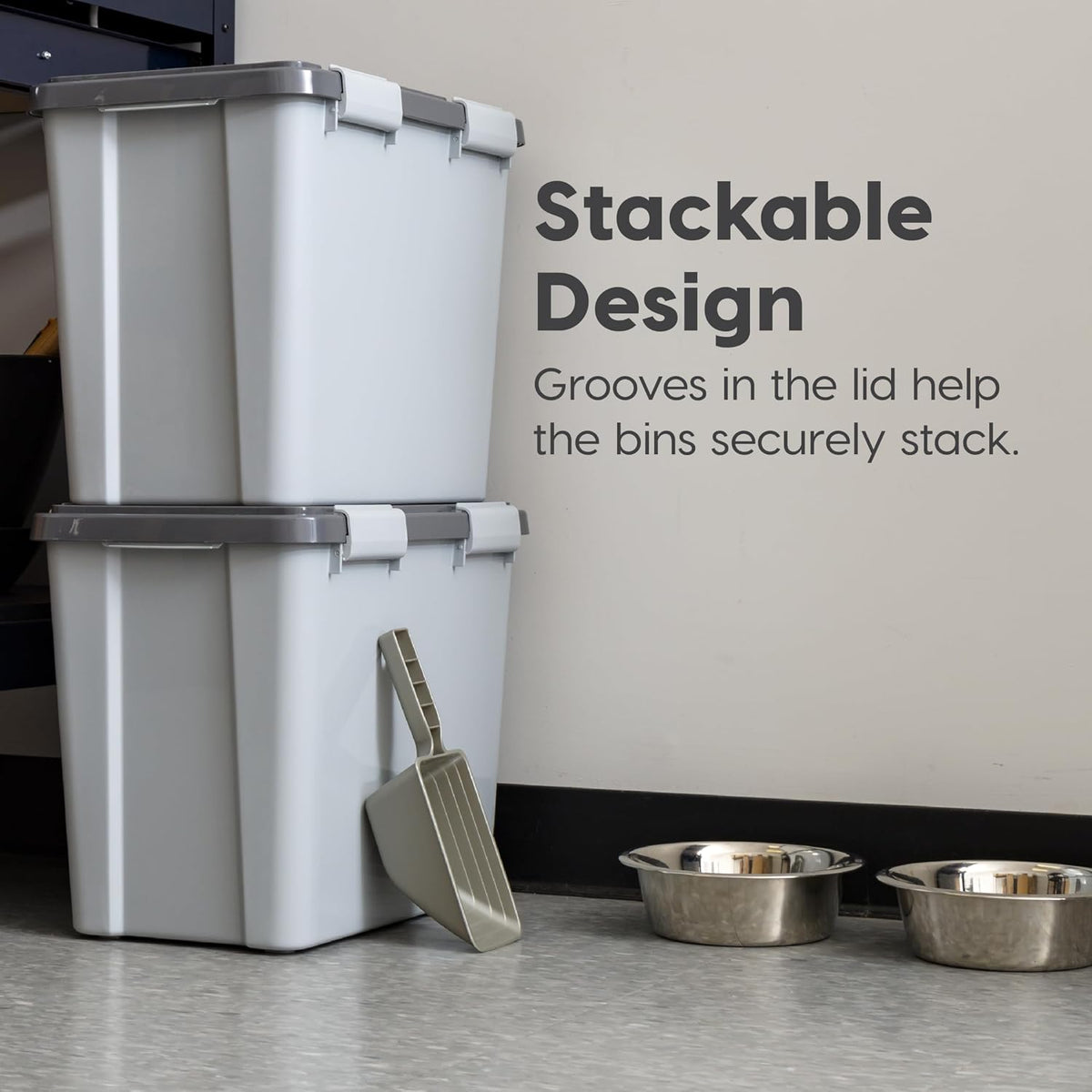 IRIS USA Stackable Dog Food Storage Container with 2 Cup Scoop, 4 Secure Latches, Fits up to 30 lbs, Pet Dry Food Bin, Gasket Seal Lid, BPA Free, Stackable, Easy Measure, White