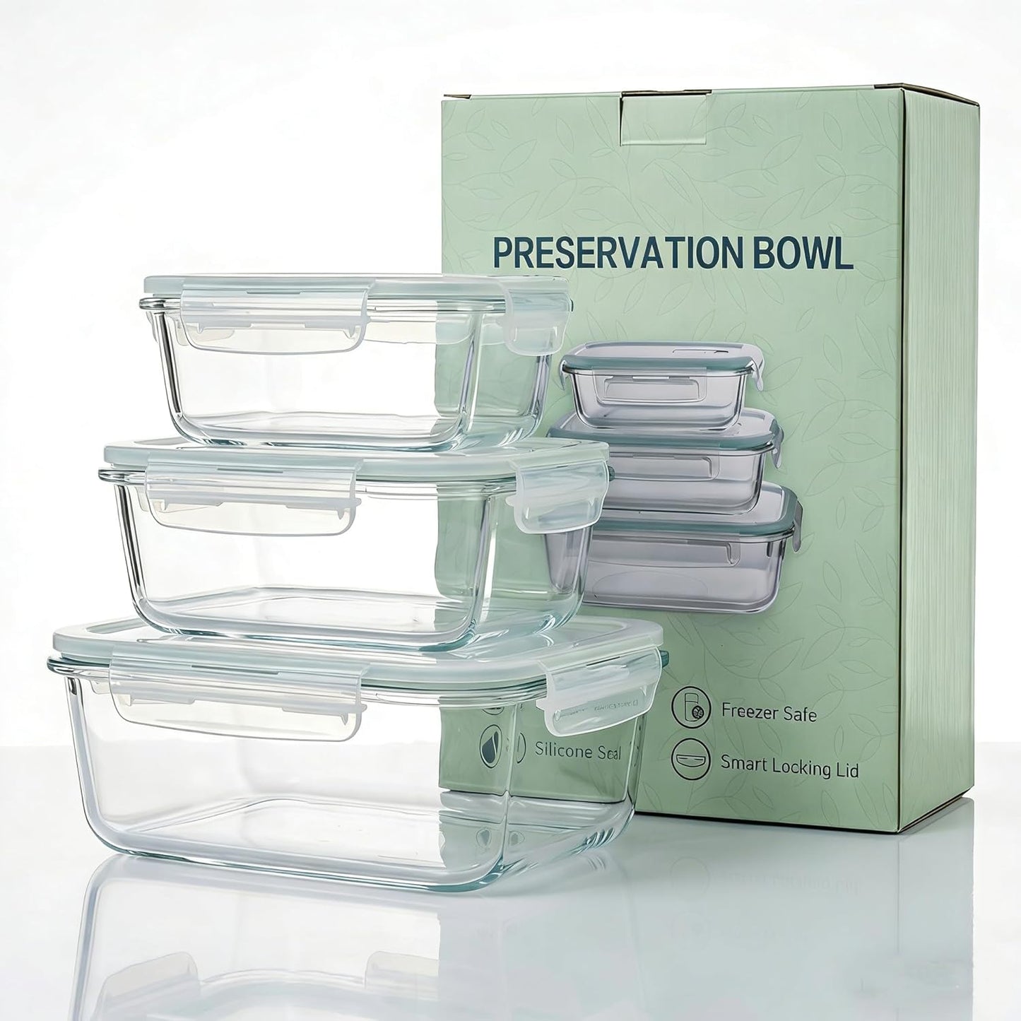 High Borosilicate Glass Food Storage Containers,Stackable Meal Prep Containers with Airtight Plastic Lids,BPA-Free, Leak-Proof,Reusable for Microwave, Oven, Freezer and Dishwasher,3Piece Set