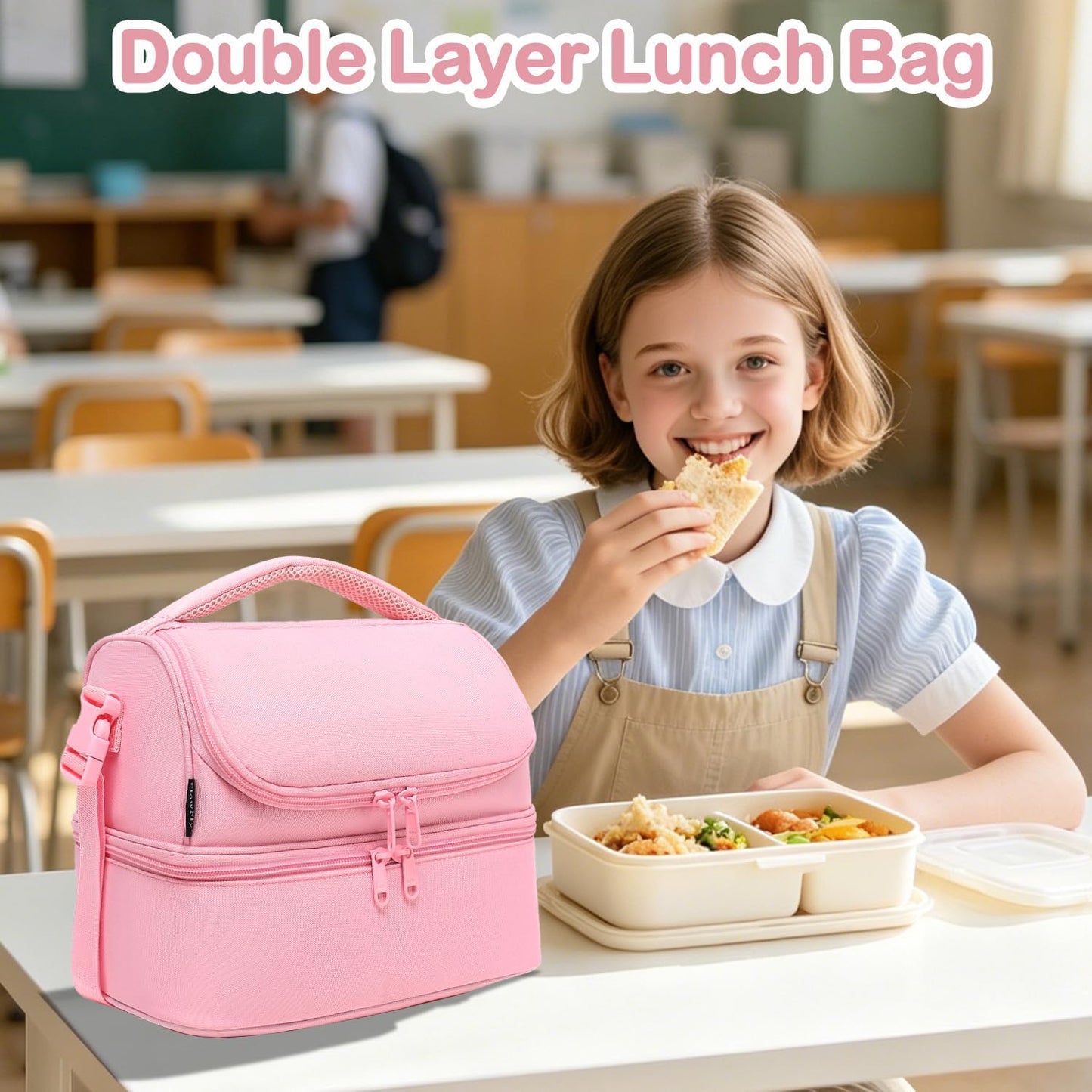 FlowFly Kids Double Decker Cooler Insulated Lunch Bag Large Tote for Boys, Girls, Men, Women, With Adjustable Strap, Unicorn