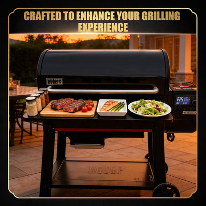 QuliMetal Folding Front Shelf for Traeger Pro 34, Texas Elite 34, Century 885 and Eastwood 34, 37" x 12" Heavy-Duty Grill Prep Table with Cutting Board, Stainless Steel Basin, Lid and 5 Hooks