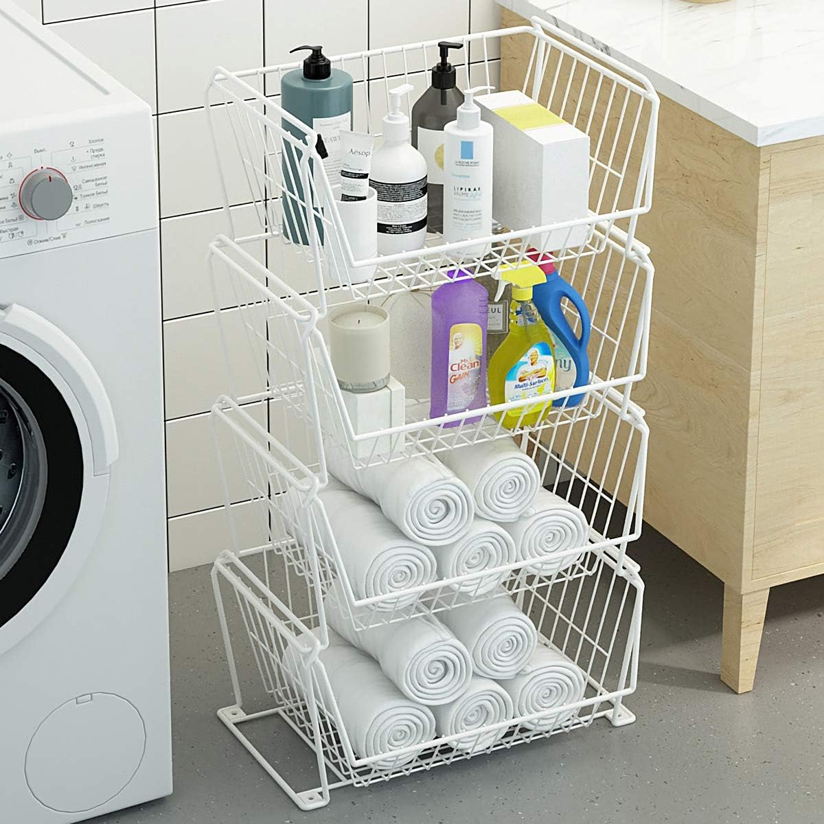 PUSDON 4-Tier Spacious Stackable Wire Storage Baskets with Wheels, Metal Rolling Utility Cart Organizer, Fruit and Vegetable Produce Basket for Kitchen Pantry, Everyday Bathroom Shelf, Silver Grey