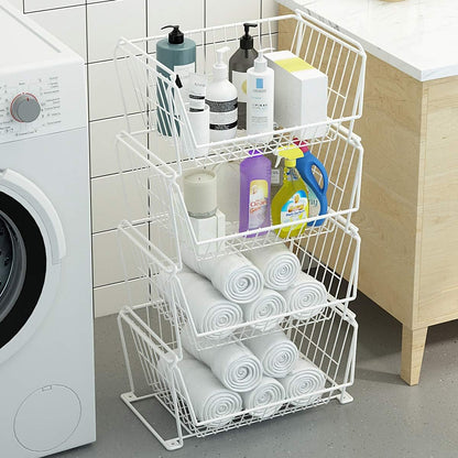 PUSDON 4-Tier Spacious Stackable Wire Storage Baskets with Wheels, Metal Rolling Utility Cart Organizer, Fruit and Vegetable Produce Basket for Kitchen Pantry, Everyday Bathroom Shelf, Silver Grey