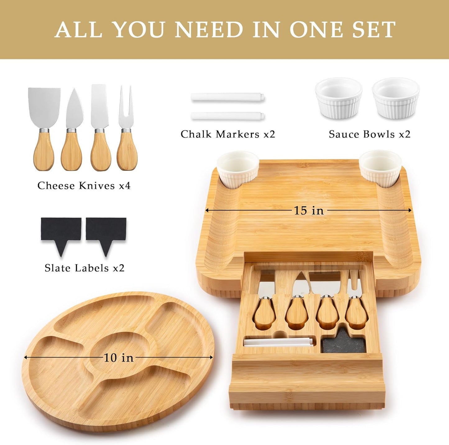 Zulay Kitchen Premium Bamboo Charcuterie Board - Extra Thick Bamboo Board with 4 Piece Knife Set - Perfect for Charcuterie, Wine and Cheese