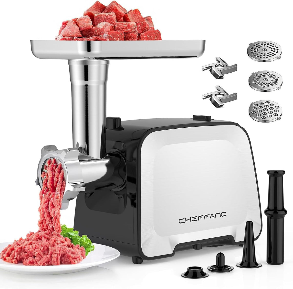 Electric Meat Grinder, 2000W Max Sausage Stuffer Maker, Vegetable Cheese Grater with 3 Shredder Slicer Blades, 2 Blades, 3 Plates, Sausage Tube, 2 Meat Claws, Burger Press & Kubbe Kit