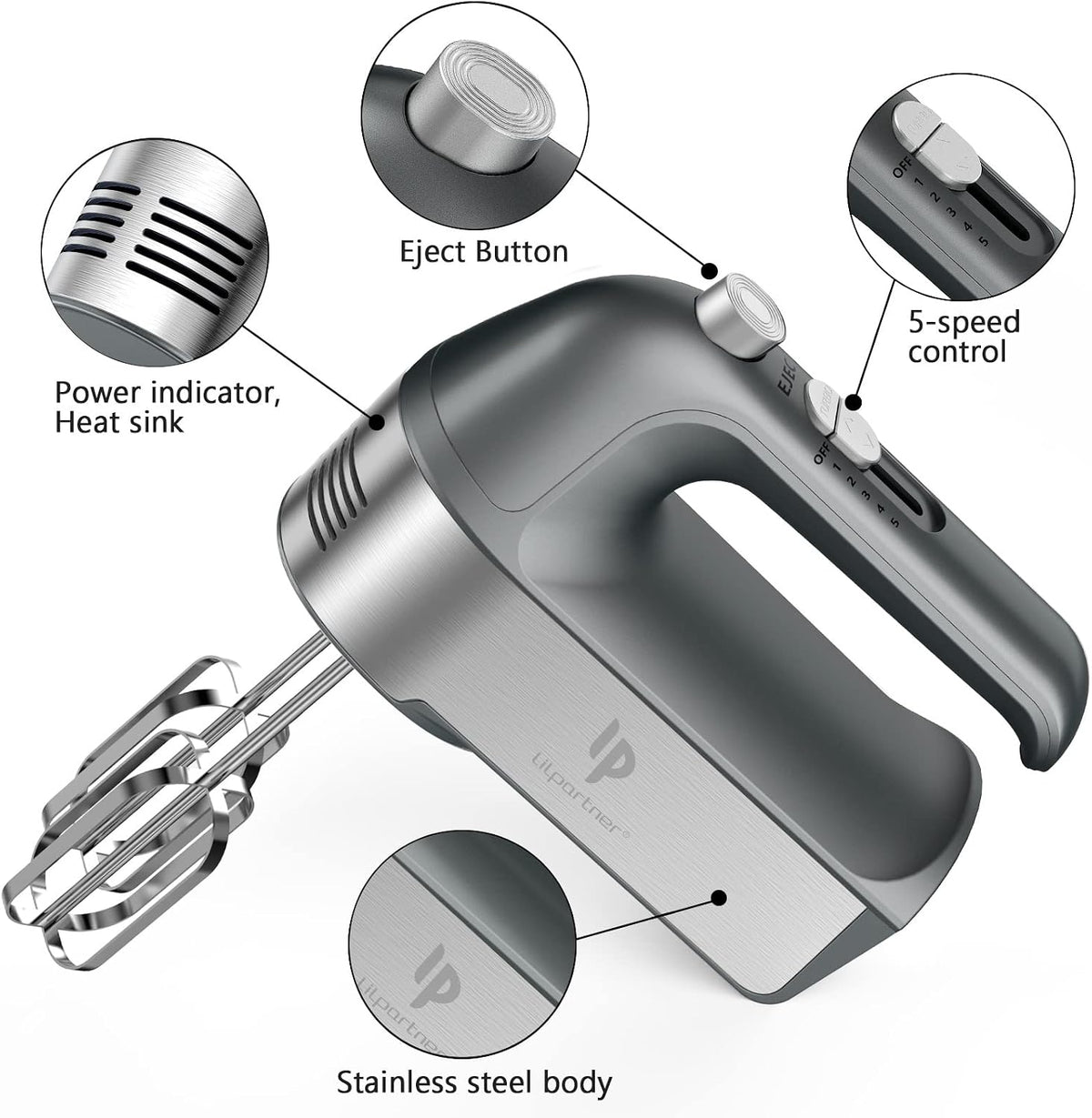 Hand Mixer Electric, 450W Kitchen Mixers with Scale Cup Storage Case, Turbo Boost/Self-Control Speed + 5 Speed + Eject Button + 5 Stainless Steel Accessories, For Easy Whipping Dough, Cream, Black