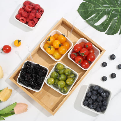 Ceramic Snack Bowls with Bamboo Tray Set,Divided Serving Bowls and Platters for Hosting & Party,Removable Serving Dishes for Chips and Dip,Fruit,Veggies,Candy and Snacks Kitchen Decor (4)