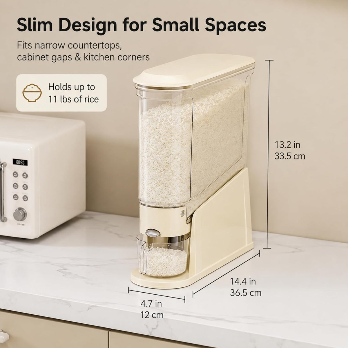 ROOM127 Rice Dispenser 22 Lbs, Large Airtight Grain Container, Cream White | Family Size Storage, BPA-Free, Moisture-Proof Seal, One-Touch Pouring, Clear Window, for Cereal, Beans, Oats & Dry Food