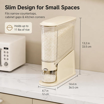 ROOM127 Rice Dispenser 22 Lbs, Large Airtight Grain Container, Cream White | Family Size Storage, BPA-Free, Moisture-Proof Seal, One-Touch Pouring, Clear Window, for Cereal, Beans, Oats & Dry Food