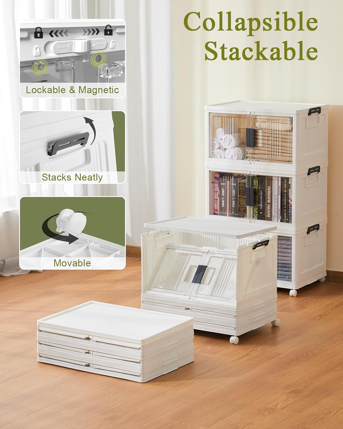 OlarHike 76QT Lockable Storage Bins with Lids - Folding Storage Box with Doors & Wheels, Collapsible Drawers for Home, Dorm, Closets, Office, School, College, Stackable Containers, 4 Pack Cubes