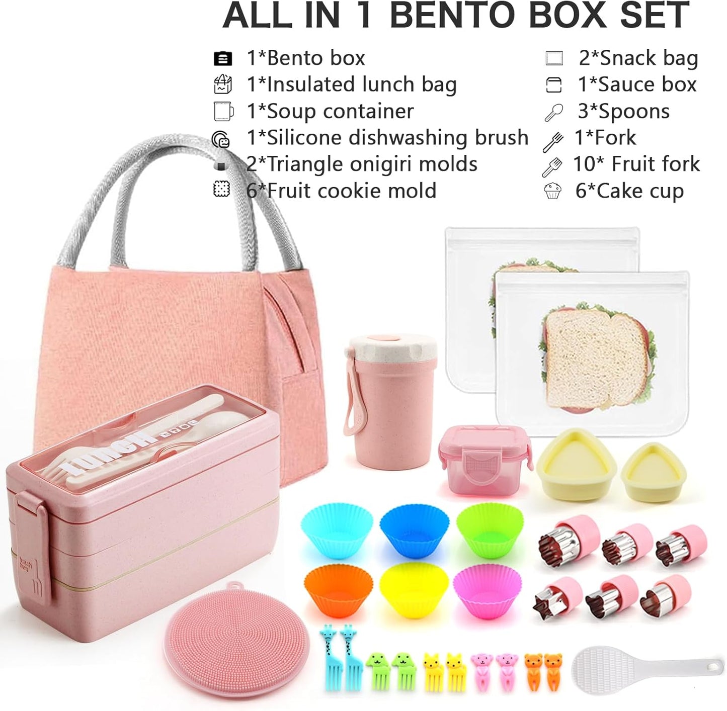 Bento Box Japanese Lunch Box Kit Leakproof Bento Lunch Box for Kids Adults Wheat Straw 3 Layer Stackable Lunch Containers with Compartment Eco-Friendly Meal Prep Containers (Beige)