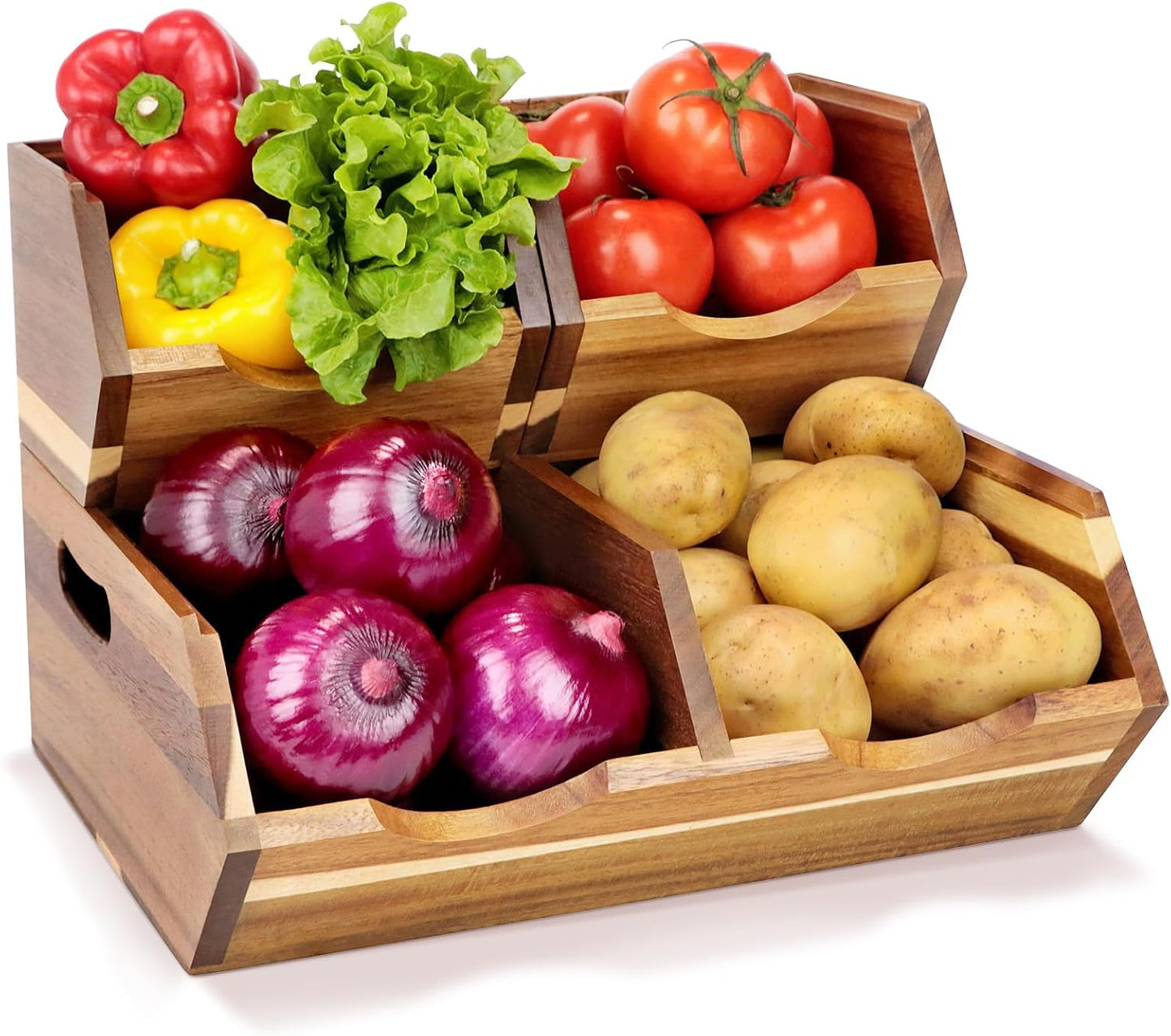 Acacia Wood Pantry Storage Bins, Stackable Potato and Onion Storage Bins for Kitchen Countertop, Set of 3 Wooden Pantry Organizer Baskets for Fruit, Vegetable, Snack
