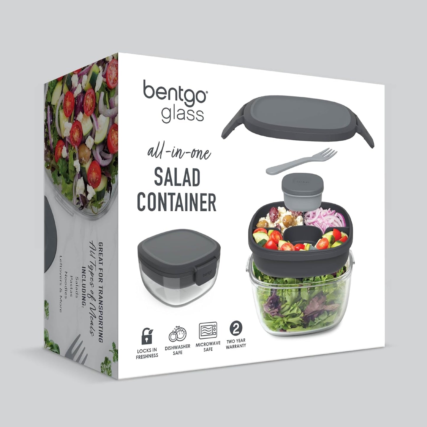 Bentgo Glass Salad Container - 7.6-Cup Salad Bowl with Airtight Lid, Leak-Proof Sauce Container, 4-Compartment Bento Tray & Reusable Fork - BPA-Free for Meal Prep, Office & More (Light Blue)