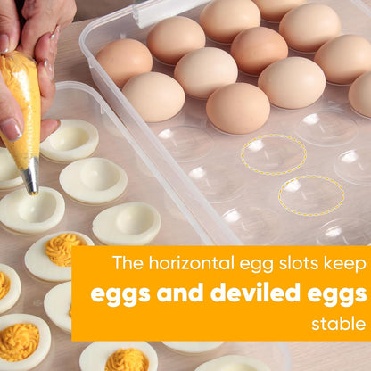 Newness Deviled Egg Containers with Lid, (Set of 4), Plastic Deviled Egg Carrier with Handle for Eggs, Clear Storage Devil Egg Platter, Fridge Portable Egg Tray, Perfect for Picnic and Party