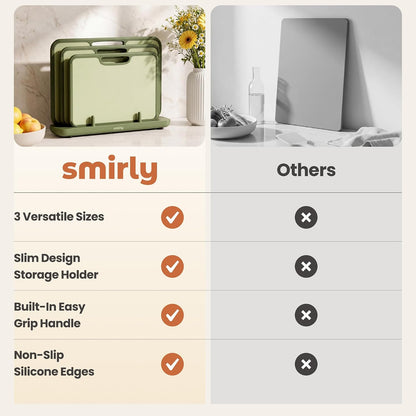 SMIRLY Plastic Cutting Board Set with Holder, Non-Slip Chopping Boards for Kitchen, Dishwasher Safe, Essential Kitchen Gadgets, 3 Pack, Green