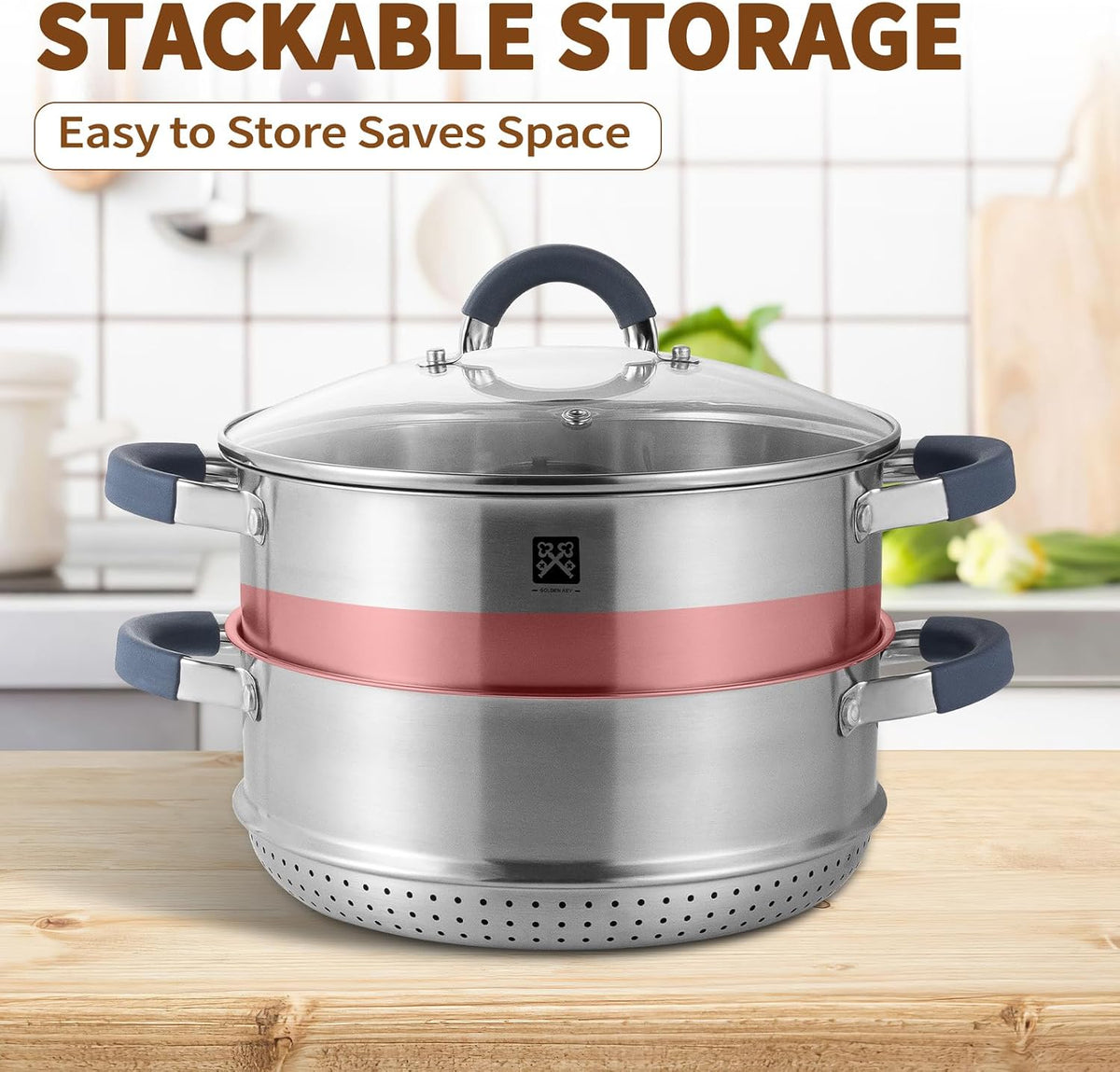 GOLDEN KEY 3.2 QT Steamer Pot With Lid - 2-Tier 18/8 Stainless Steel，Multipurpose Steaming Cookware with Vegetable Steam Basket, Oven & Dishwasher Safe, Triple Bottom for Even Heating, Perfect for Dumplings, Seafood and Vegetables
