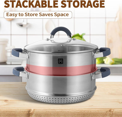 GOLDEN KEY 3.2 QT Steamer Pot With Lid - 2-Tier 18/8 Stainless Steel，Multipurpose Steaming Cookware with Vegetable Steam Basket, Oven & Dishwasher Safe, Triple Bottom for Even Heating, Perfect for Dumplings, Seafood and Vegetables