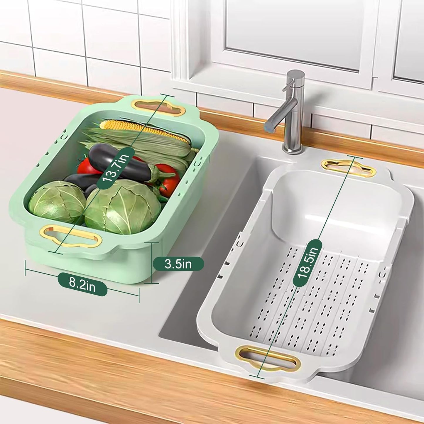 Over the Sink Colander and Extendable Colander Extendable for Kitchen -Strain, Drain, Rinse Fruits, Vegetables 8.26 inches Width (2pack)