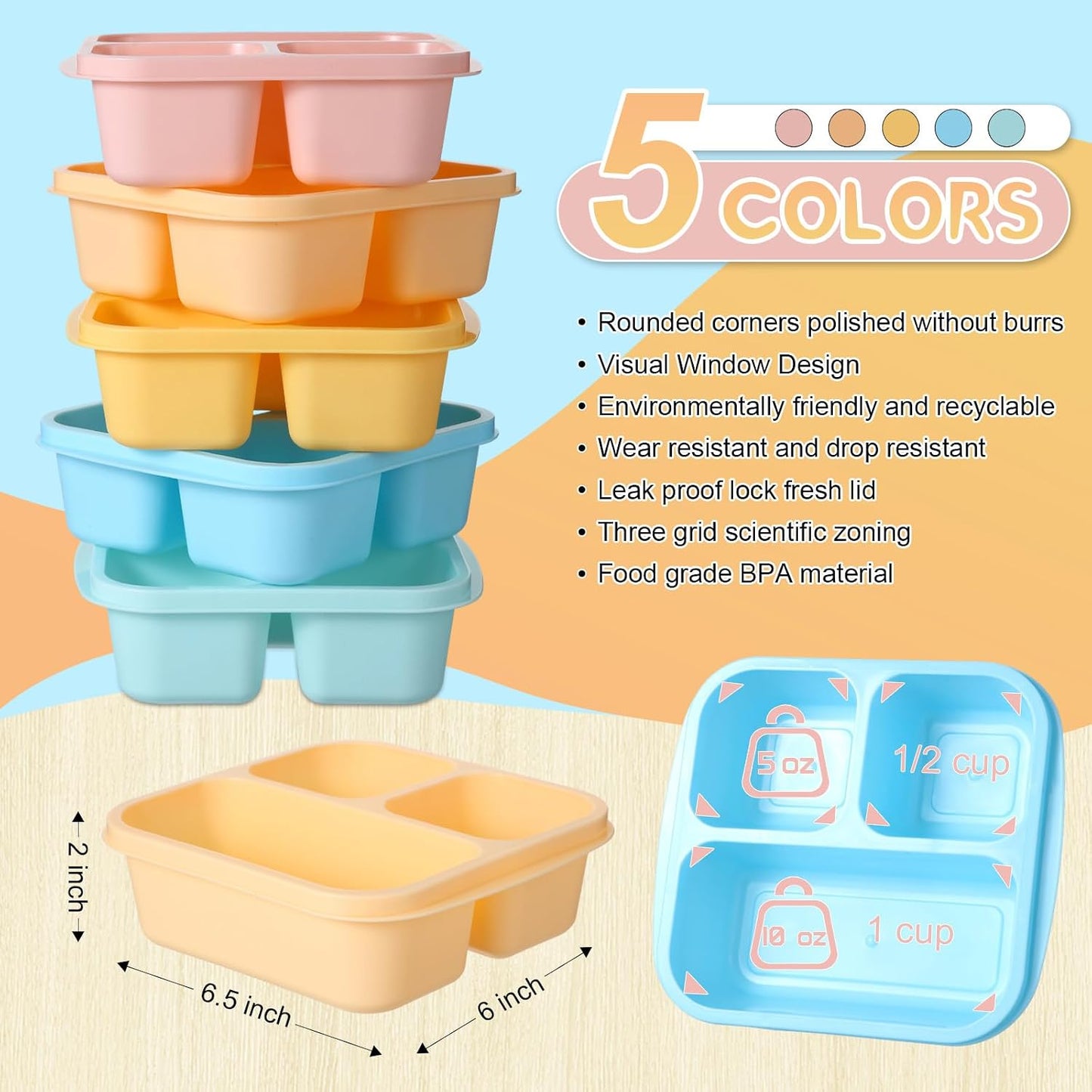 Honeydak 5 Pack Snack Containers 3 Compartment Bento Snack Boxes Divided Meal Prep Containers with Lids Reusable Adults Lunch Food Storage Box for School Work Travel(Elderberry)