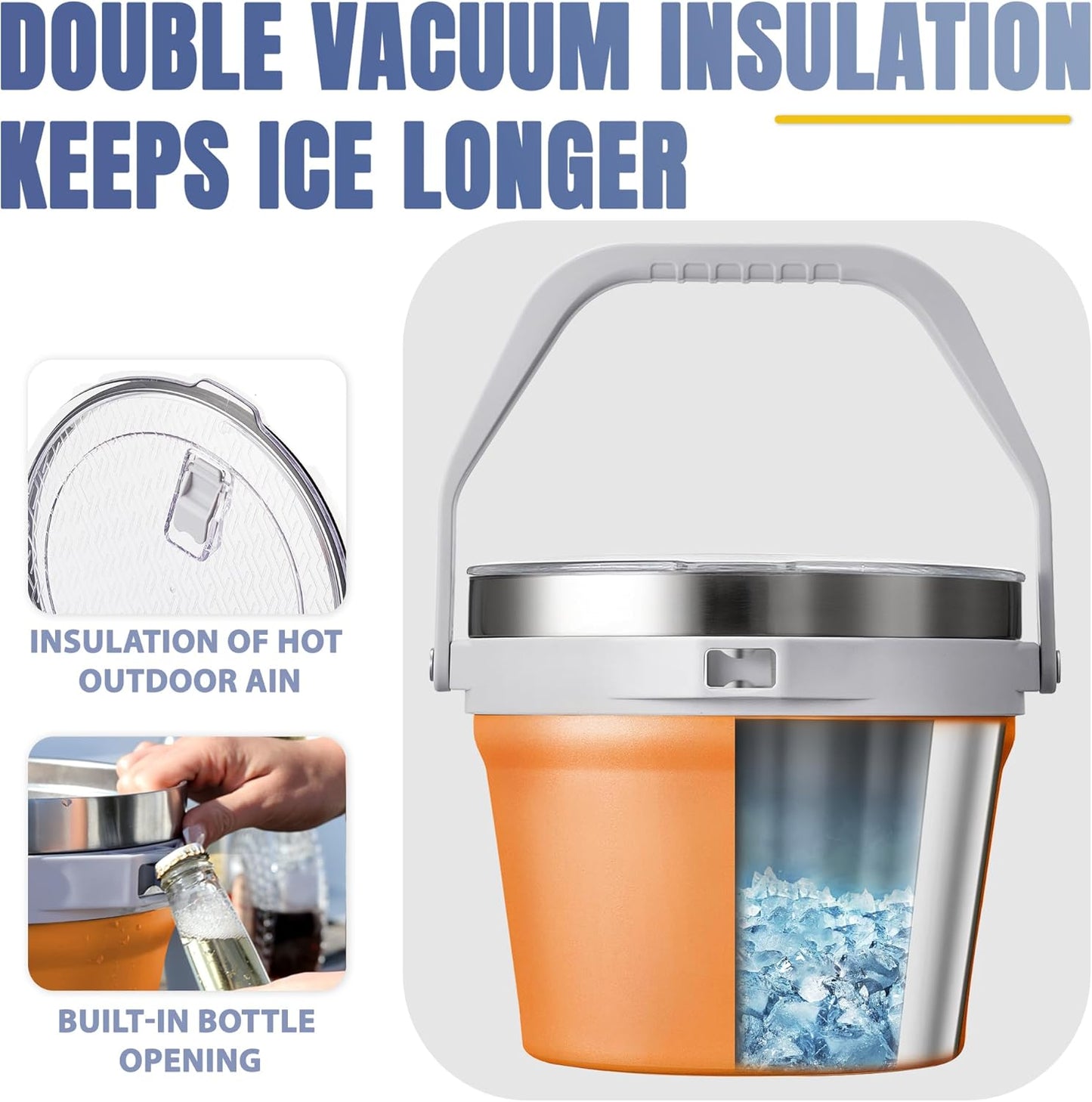 COKTIK 7L Vacuum Insulated Ice Bucket with Lid and Scoop& Tongs，Large capacity Stainless Steel Beverage Bucket for Cocktail, Champagne, Wine, Beer，Large Parties（Milk White Suit）