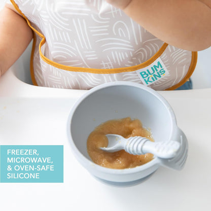 Bumkins Baby Bowl, Silicone Feeding Set with Suction for Baby and Toddler, Includes Spoon and Lid, First Feeding Set, Training Essentials for Baby Led Weaning for Babies 4 Months Up, Sage