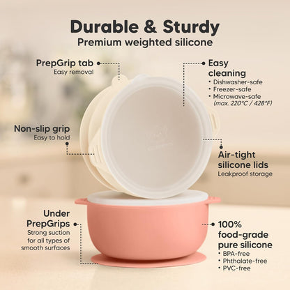 KeaBabies 2-Pack Baby Bowls with Suctions, Lids - Silicone Toddler Suction Bowls for Baby Boy, Girl, Kids, Food Grade Silicone, BPA-Free, Dishwasher Safe, Toddler Eating Essentials (Terracotta)