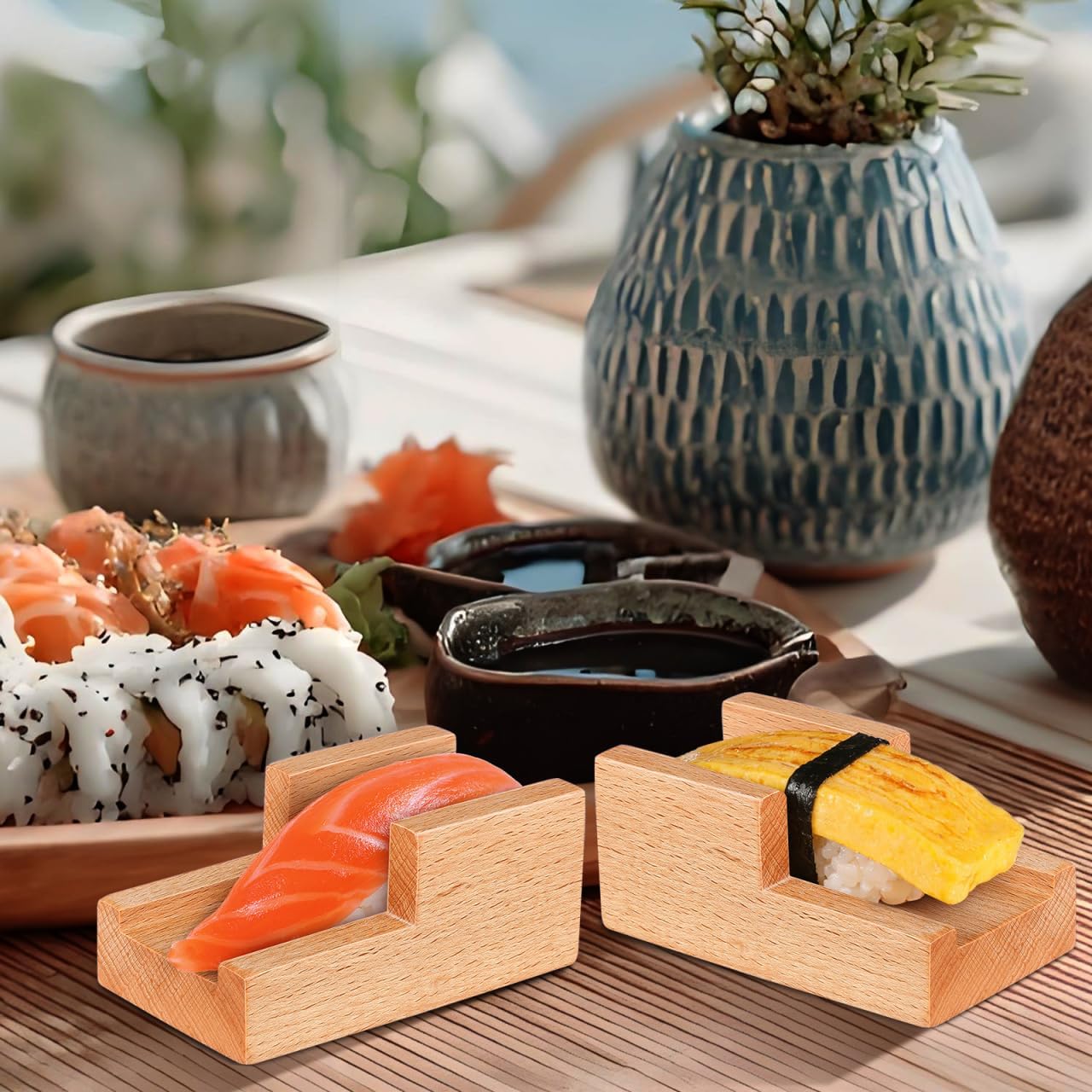 Amosfun Japanese Wooden Sushi Holder - Traditional Sushi Rack Taco Holder for Home Restaurant Party Use 3.54 X 1.96 X 1.57 Inches