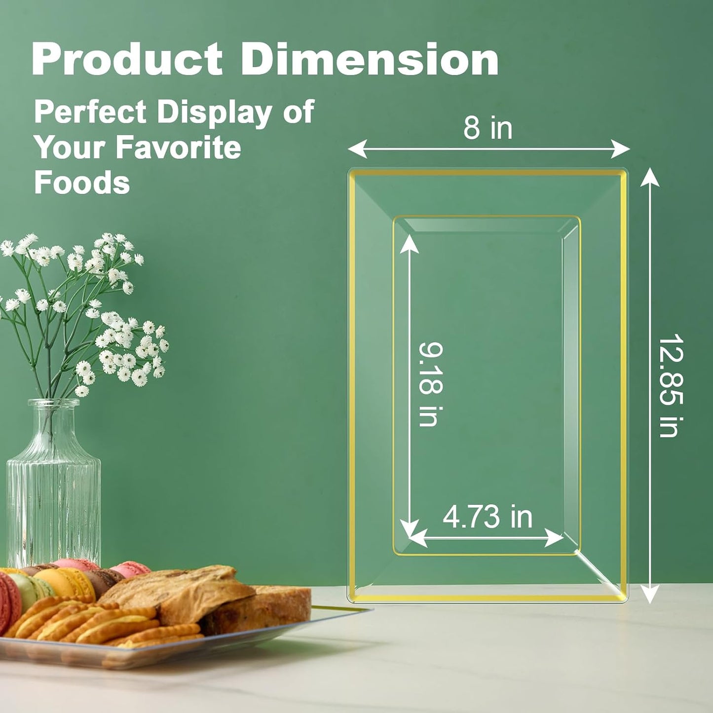 FOCUSLINE 8 PCS Plastic Serving Trays, White and Gold Rim Plastic Serving Platters, Disposable Tray for Food, Perfect for Wedding Parties