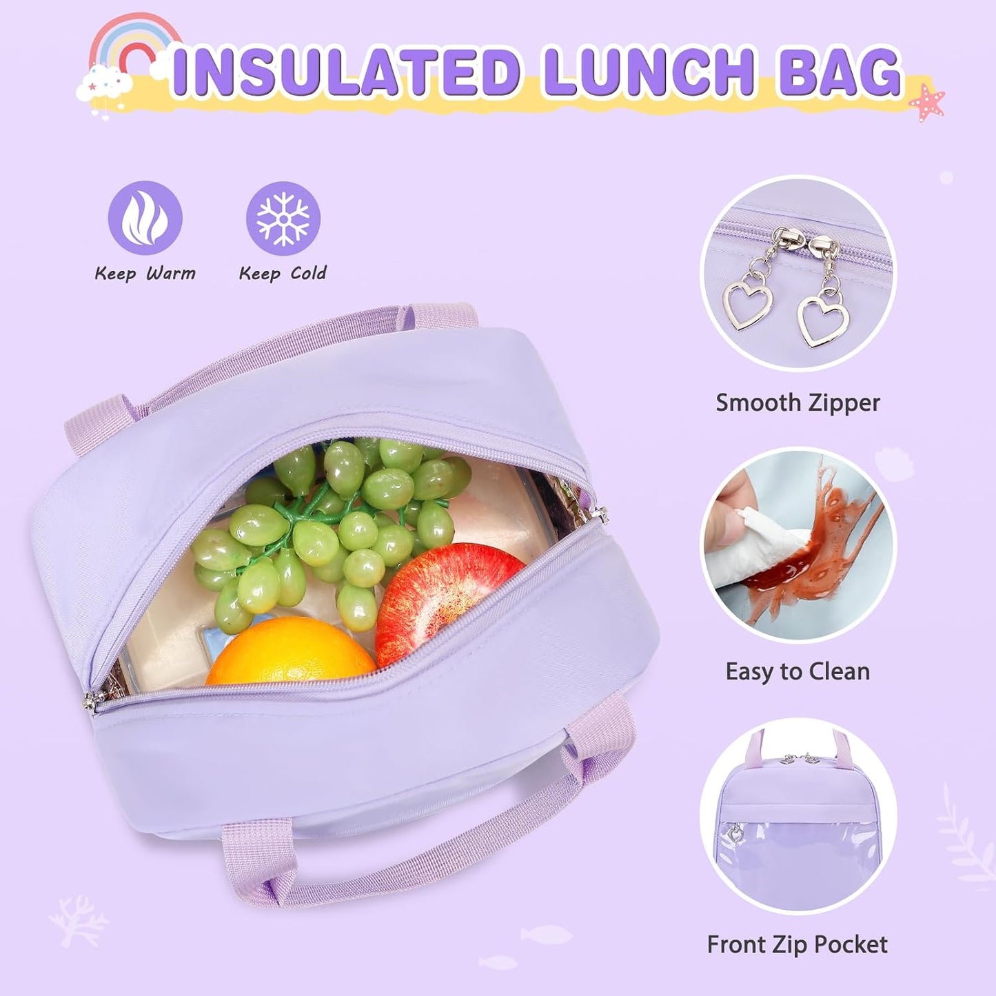 ACESAK Girls Backpack - Bento Box with Insulated Lunch Bag Pencil Case & Utensils Set for Kids, 6 Leakproof Compartments Removable Tray Lunches or Snack Container for School (Gray Daisy)