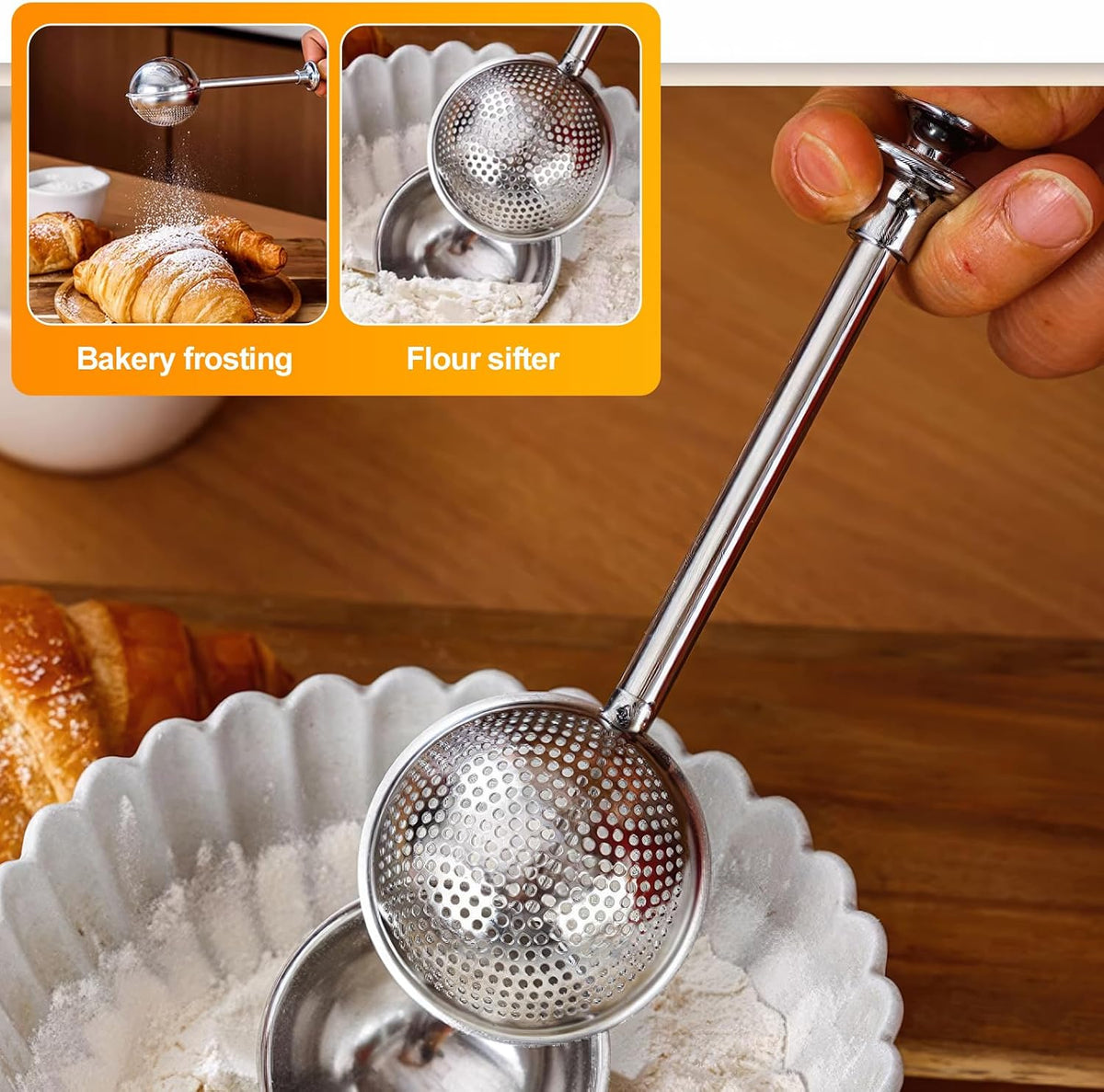 4 in1 Flour Sifter Stainless Steel, 5 Cup Flour Sifter for Baking, Sifter for Baking with Powdered Sugar Duster Set, Flour Shaker Duster for Baking Cakes, Pies, Pastries, Desserts and Cupcakes
