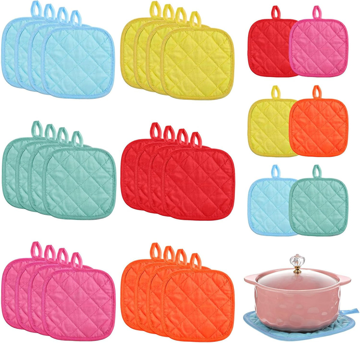 24 Pcs Pot Holders for Kitchen, Heat Resistant Quilted Hot Pads & Oven Mitts with Hanging Loops, Multicolor Cotton Potholder Set for Cooking & Baking (6 Colors)