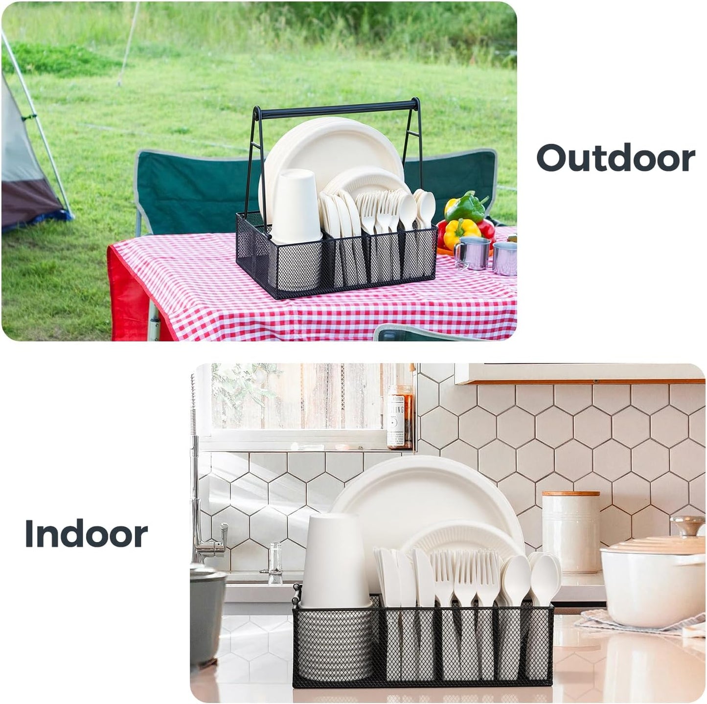Paper Plate Organizer with Handle for Countertop, Metal Silverware Caddy for Napkins, Cups, Paper Plate and Utensil Holder, Cutlery Caddy for Party, Camping, Picnic