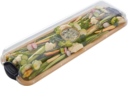 Farberware Bamboo Cutting Board with Clear Locking Lid, 11x14 Inch Charcuterie Board with Handles - Reversible Serving Board for Cheese, Meats, Snacks and More