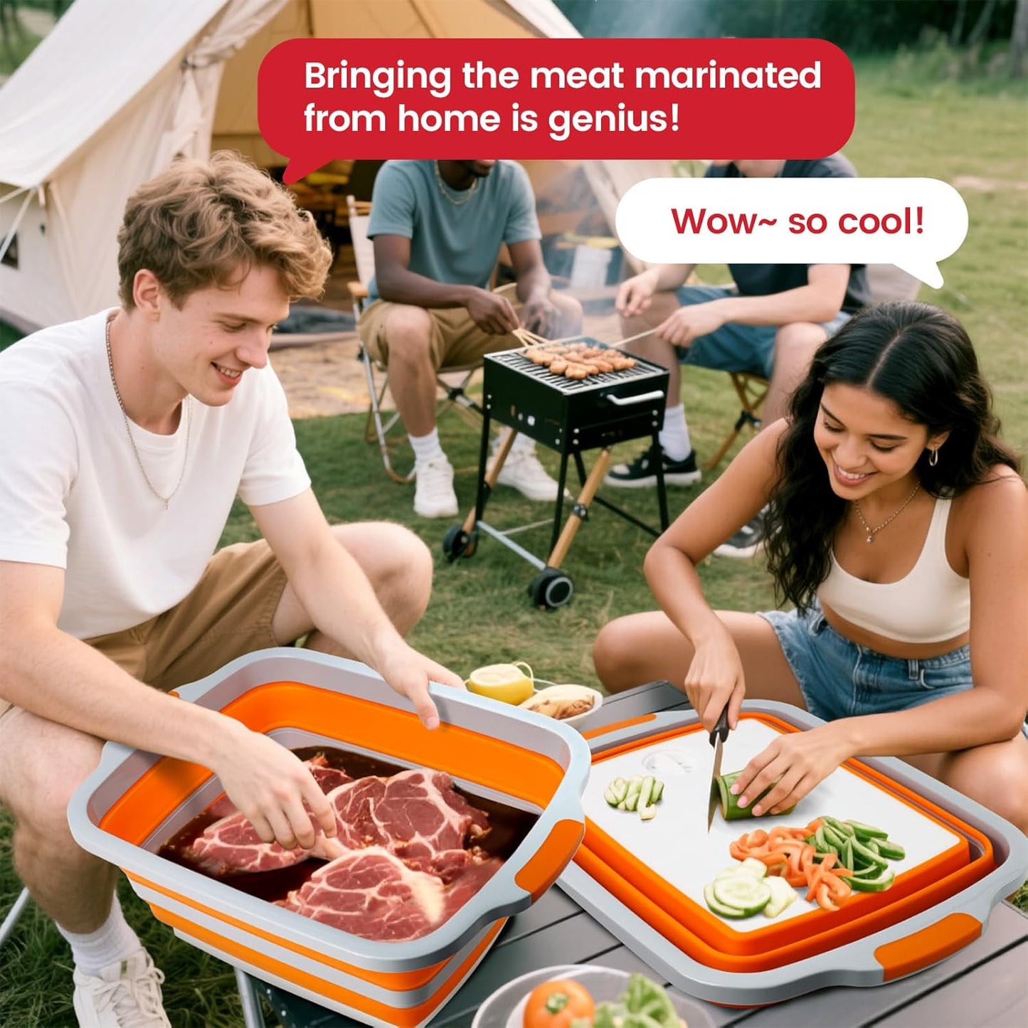BBQ Prep Tub 3-IN-1 Large 16L Collapsible Cutting Board with Locking Lid for Meal Prep Marinating Food, Camping Sink with Colander, Dish Basin, Storage Blanket for Camping Picnic BBQ, Black