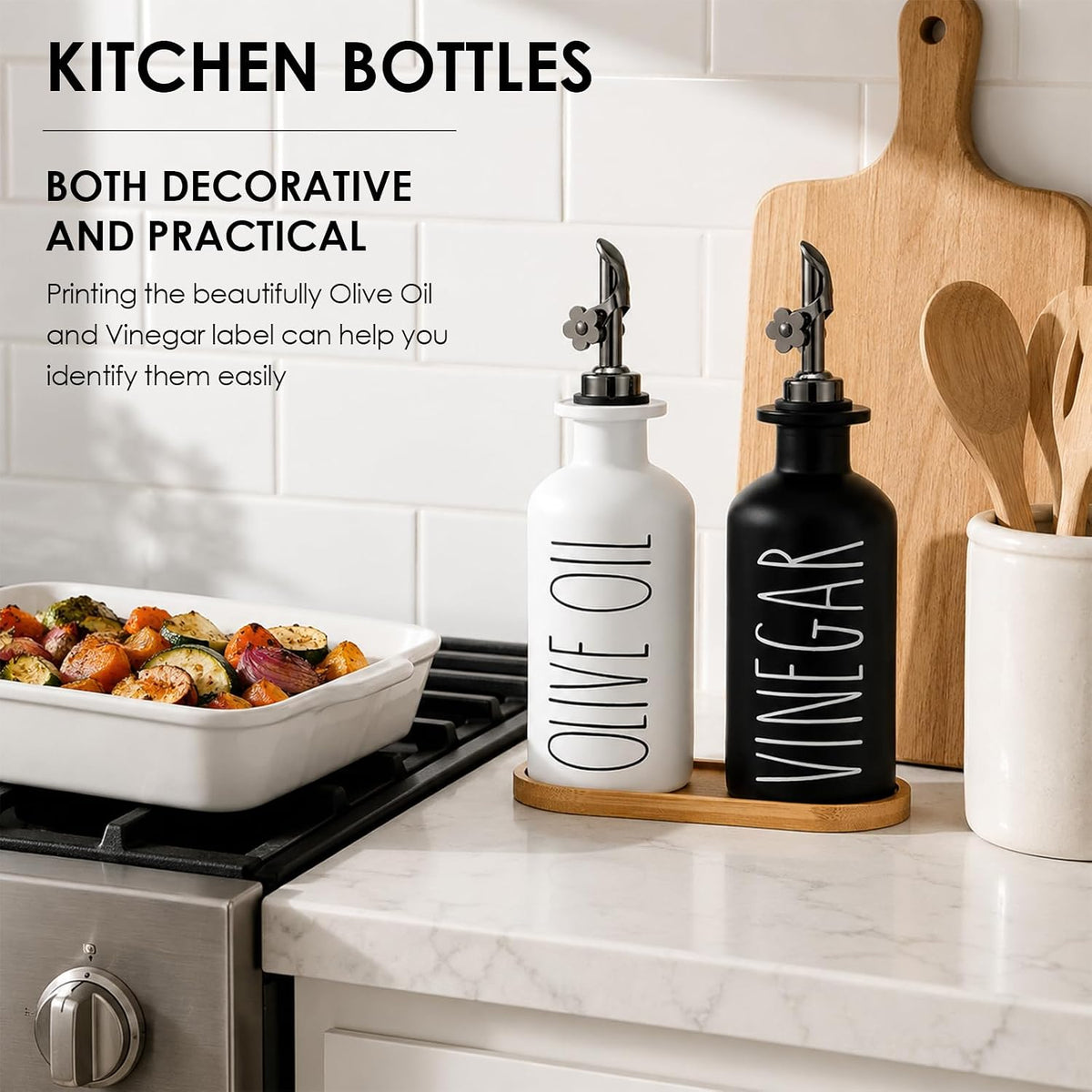 HOMCDALY Premium Olive Oil Dispenser for Kitchen, 11.8oz Glass Oil Bottles with Bamboo Tray, White Oil&Vinegar Cruet Set, Kitchen Dispenser Bottles with Pourer| Set of 2 (11.8oz –P–White)