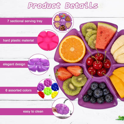 12 Pack Divided Serving Tray 7 Section Chip and Dip Platter Veggie Fruit Trays for Serving for Party with 100 Forks for Fruits, Veggies, Candy, Snack, Dessert, 12 inch