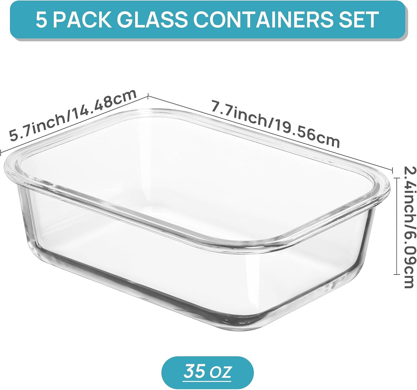 Vtopmart 5 Pack 35oz Glass Food Storage Containers with Lids, Meal Prep Containers, Airtight Reusable Lunch Container Set, Safe for Oven, Microwave, Freezer, and Dishwasher, Grey