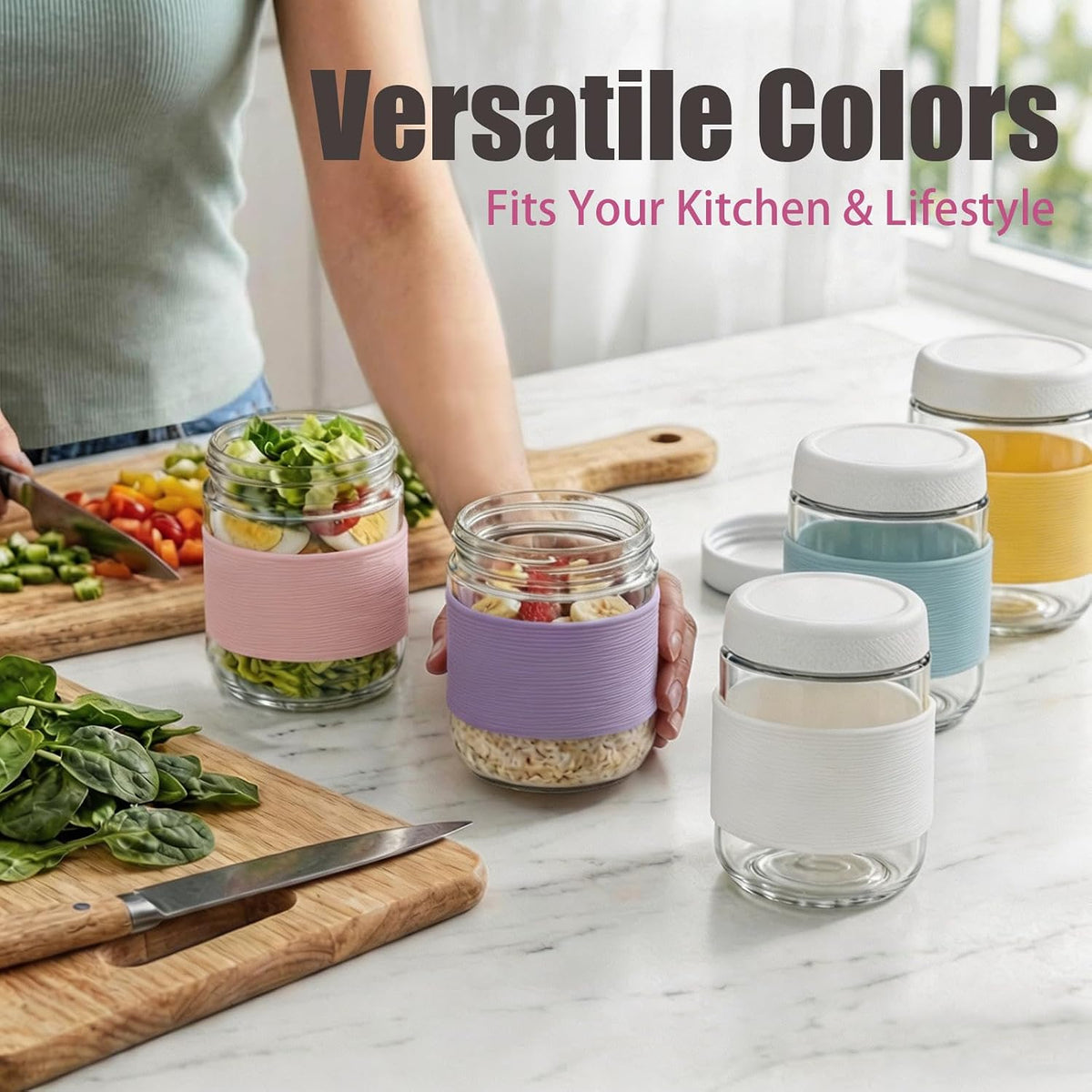 16 oz (6 Pack) Overnight Oats Containers with Airtight Lids and Silicone Sleeves, Leakproof Glass Meal Prep Containers, Wide Mouth Cookie Jars for Yogurt Chia Salad Smoothies Snacks